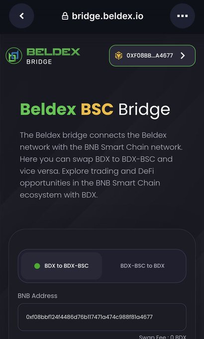 A screenshot of the Beldex BSC Bridge interface (bridge.beldex.io) showing wallet address 0xF08BB...A4677 for swapping BDX tokens.