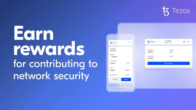 The image shows two cell phones, one of which has a screen displaying a website called "stake tezos" with the text "Earn rewards for contributing to network security". The other phone displays an app that says "Connect wallet → choose baker → start earning rewards." This suggests that the user is either connecting their wallet to the network or choosing a bakery to receive payment, and they will be rewarded for doing so.