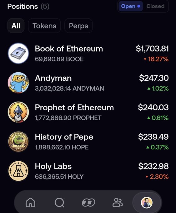 The image shows a portfolio with 5 open positions, displaying holdings in Book of Ethereum ($BOOE, $1,703.81, -16.27%), Andyman ($ANDYMAN, $247.30, +1.02%), Prophet of Ethereum ($PROPHET, $240.03, +0.61%), History of Pepe ($HOPE, $239.49, +0.37%), and Holy Labs ($HOLY, $232.98, -2.30%). The screenshot visually confirms the post's claim of 5 conviction-based meme coin positions, matching each ticker mentioned: $BOOE, $HOPE, $PROPHET, $HOLY, and $ANDYMAN.
