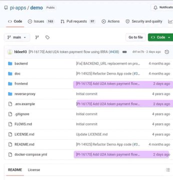 A screenshot of the pi-apps/demo GitHub repository showing the main branch files, with recent commits like "[Pi-16170] Add U2A token payment flow using ISRA (#438)" and "[Pi-16170] Add U2A token payment flow," referencing the new "tokenCanonical" feature for Pi token payments.