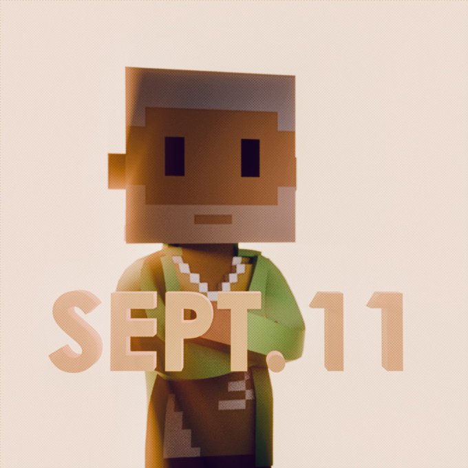 A Minecraft-style blocky character with dark skin and a green robe stands against a light background with 'SEPT. 11' written across the image.