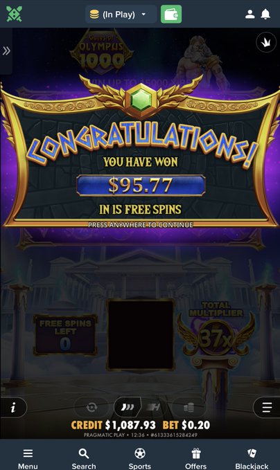 The image shows a winning screen from the "Gates of Olympus" slot game on Duelbits, congratulating the player on winning $95.77 in free spins, with a current balance of $1,087.93, a $0.20 bet, and a 37x total multiplier.