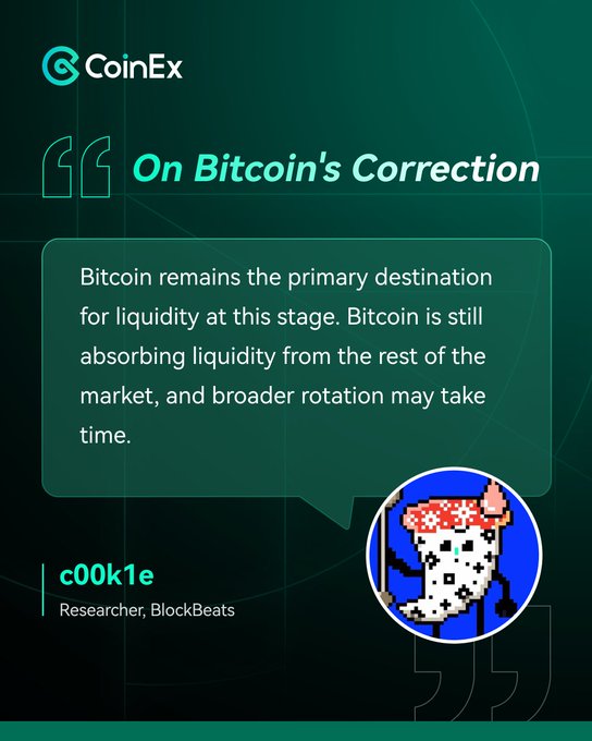 A CoinEx graphic titled 'On Bitcoin's Correction' with a quote from c00k1e, Researcher at BlockBeats, stating Bitcoin remains the primary destination for liquidity.
