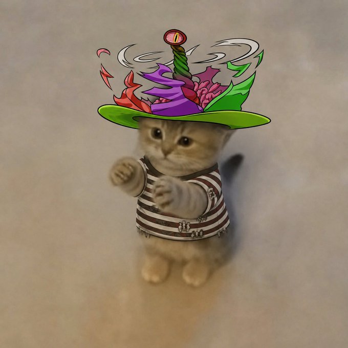 An adorable kitten stands on its hind legs wearing a pirate-style striped shirt, topped with a colorful, cartoonish wizard hat featuring a candle and brain-like designs. The whimsical, meme-worthy image perfectly matches the post's playful crypto vibe, fitting for an "animalswifguns" style NFT project with cute, community-driven 2021 nostalgia.