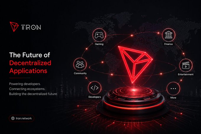 A promotional graphic for TRON featuring the tagline 'The Future of Decentralized Applications' with the subtext 'Powering developers. Connecting ecosystems. Building the decentralized future.' and surrounding icons for Gaming, Community, Developers, Finance, Entertainment, and More, with the handle 'tron.network'.