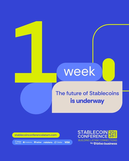 The image features a blue poster that displays the text "1 week" and "The future of Stablecoins is under way". The poster also includes an image of a stack of coins, which is part of a larger design featuring various shapes and colors. The background color of the poster is blue, with yellow text on it.