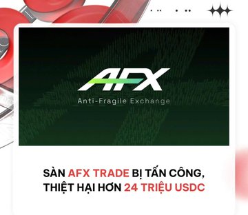 The image displays a news graphic for AFX (Anti-Fragile Exchange) with the headline "SÀN AFX TRADE BỊ TẤN CÔNG, THIỆT HẠI HƠN 24 TRIỆU USDC," announcing that the AFX Trade platform was hacked, resulting in losses of over 24 million USDC, which aligns with the post's details about a hacker draining funds from AFX's bridge on Arbitrum.