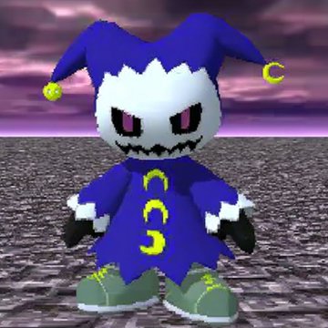 A 3D-rendered character with a jester-like appearance, wearing a blue and white outfit with a hood featuring pointed ears with yellow bells, a menacing face with stitched mouth, yellow crescent moon symbols on the chest, and green shoes.