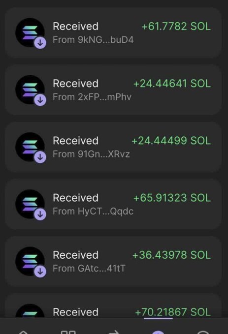 The image shows a list of recent cryptocurrency "Received" transactions in SOL (Solana), including amounts like +61.7782 SOL, +24.44641 SOL, +24.44499 SOL, +65.91323 SOL, +36.43978 SOL, and +70.21867 SOL from various wallet addresses. This appears to be a screenshot of the proof of payment that the user is sharing as evidence to support their giveaway claim, presumably to attract more participants to drop their Solana addresses in the comments.