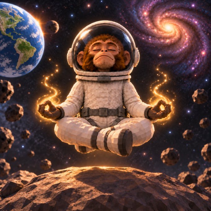 A digitally created image of a monkey in a spacesuit meditating in a lotus position, floating above a rocky surface with Earth and a colorful galaxy in the background.