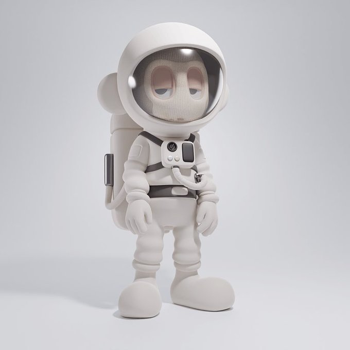 A 3D-rendered cartoon astronaut character with a sleepy expression stands in a white spacesuit with a large helmet. The image ties into the NFT theme of the post, presenting a stylized digital collectible-style character tagged with creator @akidcalledbeast.
