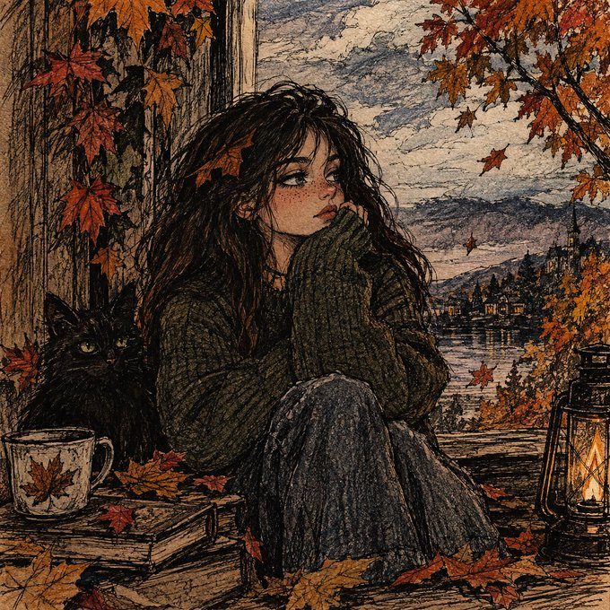 An illustration of a young woman with long dark hair and freckles, sitting by a window surrounded by autumn leaves, accompanied by a black cat and a mug, gazing out at a lake and distant town.