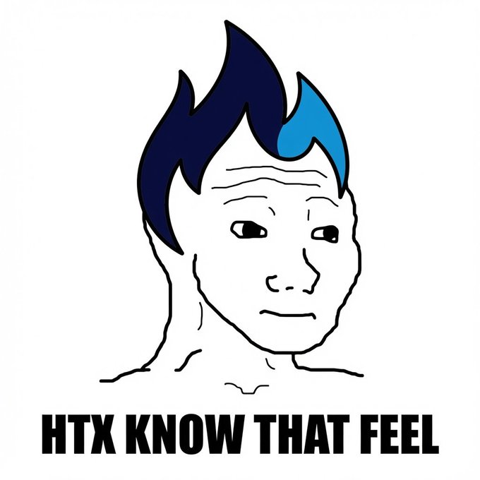 A classic wojak-style meme face with blue hair, captioned 'HTX KNOW THAT FEEL' at the bottom in bold black text.