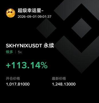 A trading screenshot shows a long position on SKHYNIXUSDT (5x leverage) with a +113.14% gain, opened at 1,017.81000 and currently priced at 1,248.13000, posted by user "超级幸运星" on 2026-09-01. The image illustrates the post's message about bottom-fishing storage/semiconductor stocks during a dip, as the trade demonstrates a successful bullish reversal captured by the trader.