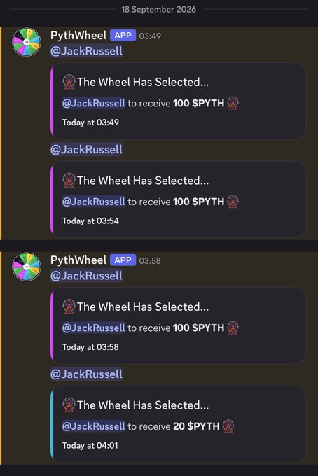 Discord messages from 'PythWheel' APP awarding @JackRussell 100 $PYTH multiple times and 20 $PYTH once on 18 September 2026.