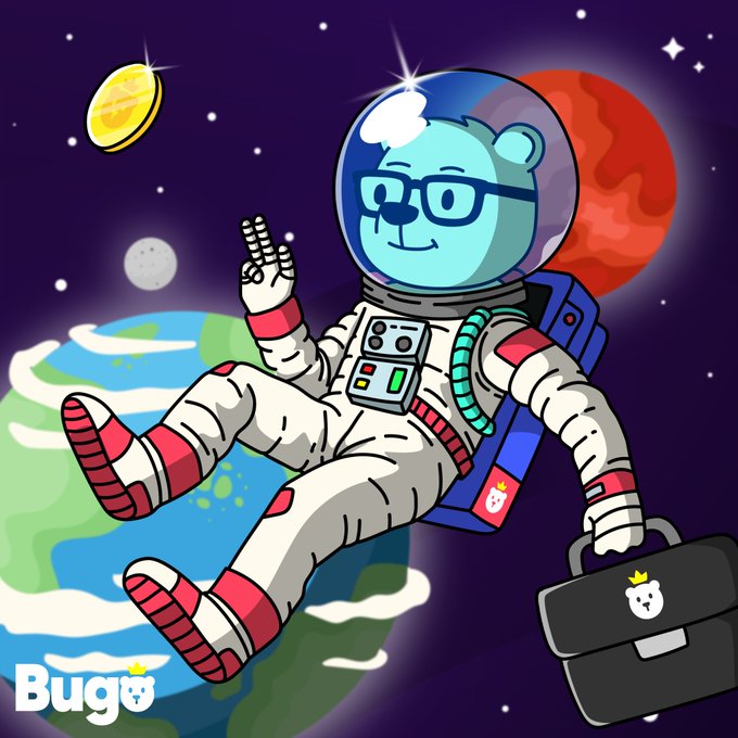 A cartoon illustration of a light blue bear character in a white astronaut suit floating in space with a 'Bugo' logo in the corner, carrying a briefcase.
