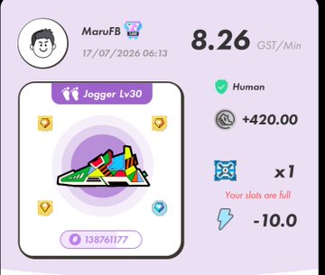 An app screen for MaruFB showing "Jogger Lv30" with rewards of +420.00 GST and an x1 NFT booster, but indicating "Your slots are full" and -10.0 energy deduction, dated 17/07/2026.