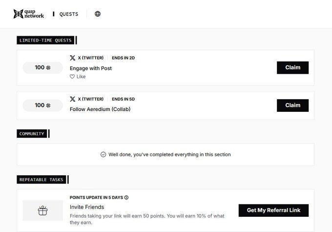 A screenshot of the Quip Network website showing a Quests page with limited-time tasks like 'Engage with Post' and 'Follow Aeeridium (Collab)', each offering 100 points, along with a Community section and Repeatable Tasks.