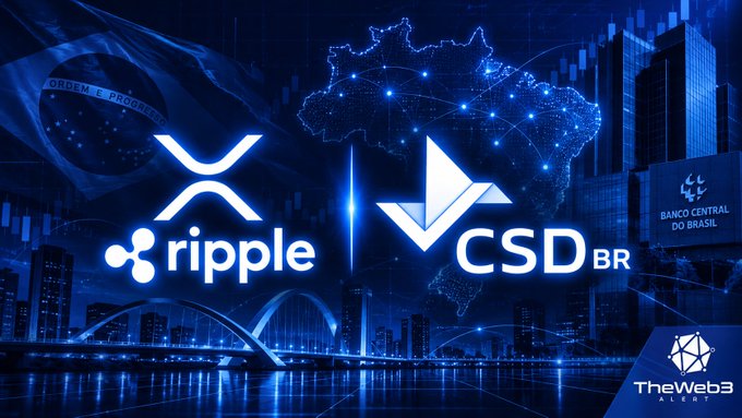 A blue-toned graphic featuring the Ripple logo alongside "CSD_BR" with a Brazilian map outline and the Brazilian flag in the background, marked with "TheWeb3 ALLIES" branding.