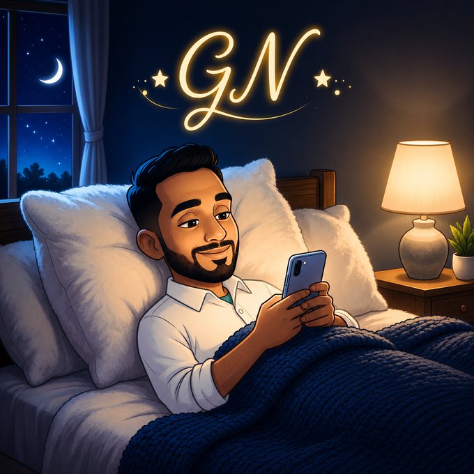 A digital illustration of a bearded man smiling while looking at his phone in bed at night, with a glowing 'GN' sign above him on the wall.