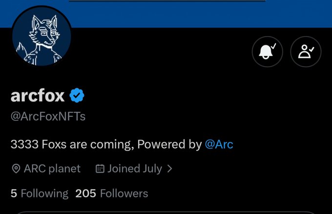 Twitter/X profile for arcfox (@ArcFoxNFTs) announcing '3333 Foxs are coming, Powered by @Arc' from ARC planet.