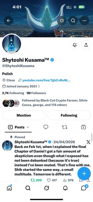 A Twitter/X profile screenshot for 'Shytoshi Kusama™' (@ShytoshiKusama) with a pinned post from 24/04/2026 discussing skepticism and being muted.