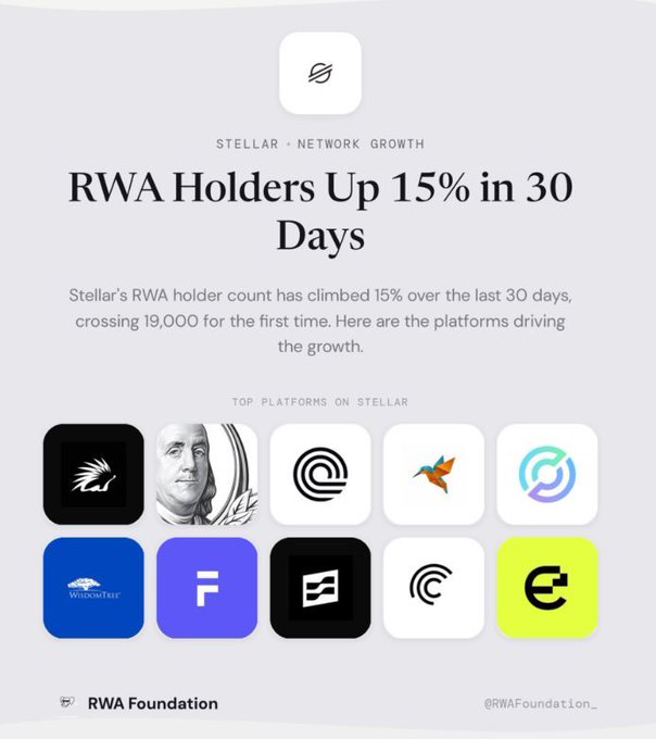 A Stellar-themed infographic from the RWA Foundation reports that RWA holders on the Stellar network ($XLM) grew 15% in 30 days, surpassing 19,000 for the first time, with the top contributing platforms displayed as icons below the headline.