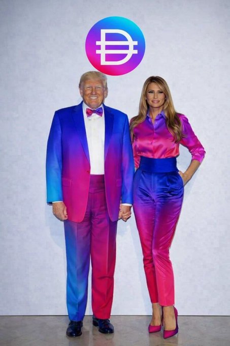 A man and woman in matching blue-to-pink gradient suits stand in front of a wall featuring a DAI stablecoin logo.