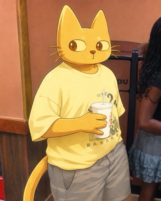An anthropomorphic yellow cat character wearing a yellow t-shirt and gray pants holds a cup with a straw in a cafe setting.