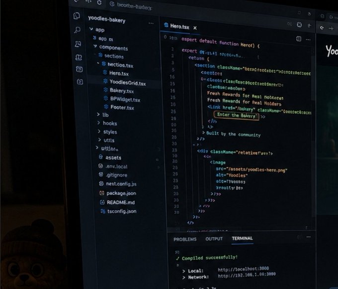A computer screen showing code in VS Code for a project called 'yoodles-bakery', specifically the Hero.tsx file, with a terminal showing 'Compiled successfully'.