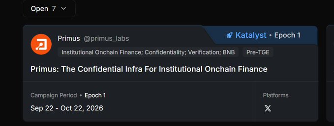 A Katalyst Epoch 1 campaign page for Primus (@primus_labs) titled 'Primus: The Confidential Infra For Institutional Onchain Finance,' with a campaign period from Sep 22 - Oct 22, 2026.