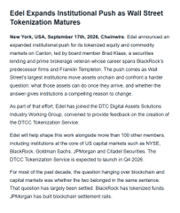An article snippet from ChainCatcher titled 'Edel Expands Institutional Push as Wall Street Tokenization Matures', reporting on Edel AG's expansion of its GTC Digital Assets Solutions Industry Working Group and its OTC Tokenization Service launching in Q4 2026.