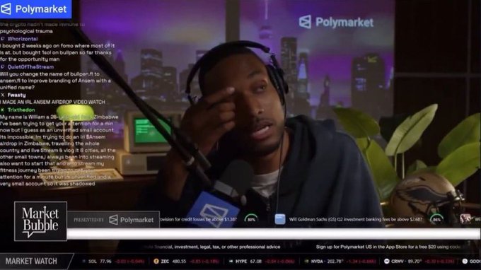 A man wearing headphones speaks into a microphone on the "Market Bubble" podcast presented by Polymarket, with a tweet from "@whalechart" visible on the left discussing prediction markets like Polymarket, while a news ticker below shows market data including SOL, ZEC, and other tickers. The image relates to the post's theme of people selling out their reputations and using side wallets, capturing a moment of discussion about these very practices in the crypto prediction market space.