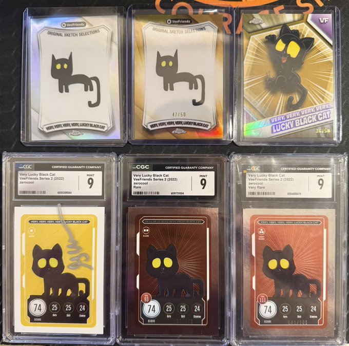 A collection of six graded and ungraded 'Very Lucky Black Cat' collectible cards, including three CGC-certified cards with a MINT 9 rating.