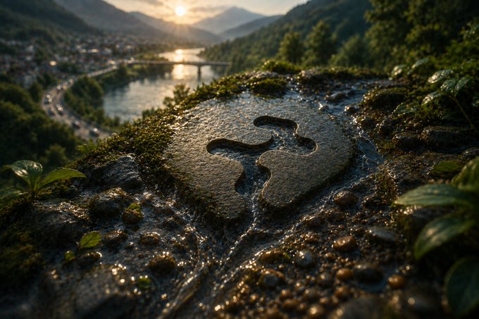 A photorealistic image of a moss-covered stone with a carved letter 'B' or 'R' in the foreground, overlooking a river valley with a bridge, town, and sunset-lit mountains in the background.