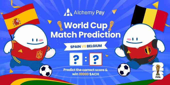 The image is a promotional graphic for an Alchemy Pay "World Cup Match Prediction" contest featuring Spain vs. Belgium, with cartoon mascots in team jerseys holding their national flags and a scoreboard showing "?:?" alongside a FIFA World Cup trophy icon. The post encourages viewers to like, retweet, tag friends, and guess the exact scoreline to win 10,000 $ACH, directly tying into the contest's call to action.