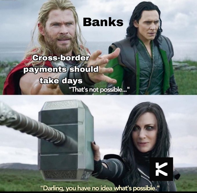 The image shows a man holding a hammer, with text above him that reads "Banks cross-border payments should take days" and below another man who has a green suit on. The text above the man with the hammer says "That's not possible." Below this, there is a woman wearing a black dress. The post also includes a caption that reads "Darling, you have no idea what's possible."