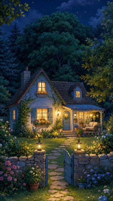 An illustrated scene of a charming stone cottage at night, with warm lights glowing from its windows, surrounded by lush gardens and a stone path leading through a gate with lanterns.