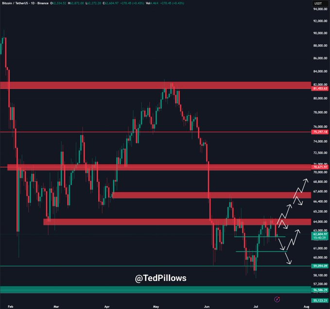 A Bitcoin/USDT daily candlestick chart on Binance shows BTC trading at $62,318.32 (-0.43%), with key resistance levels marked in red at $81,493, $75,257, $71,000, $66,500, and $64,000, and support at $60,604 and $55,123, while white hand-drawn arrows suggest potential price movement around the $62,500 support area highlighted in the caption.