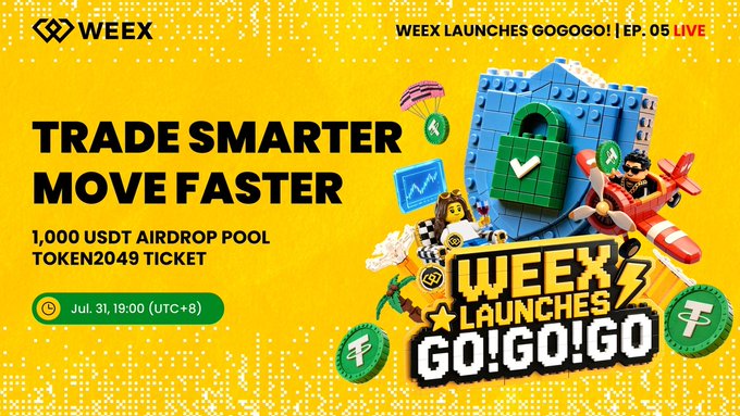 A promotional banner for WEEX announces 'TRADE SMARTER MOVE FASTER' with a '1,000 USDT AIRDROP POOL' and 'TOKEN2049 TICKET', dated 'Jul. 31, 19:00 (UTC+8)'.