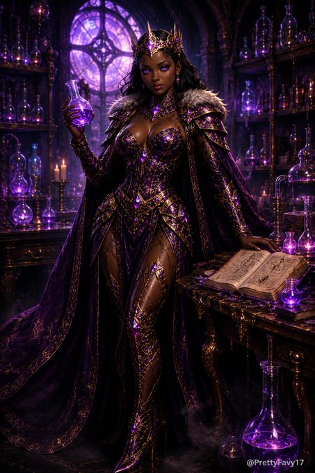 A fantasy illustration of a dark-skinned queen wearing an ornate purple and gold gown and crown, holding a glowing purple potion bottle in a mystical apothecary, with the watermark '@PrettyFay17' visible in the corner.