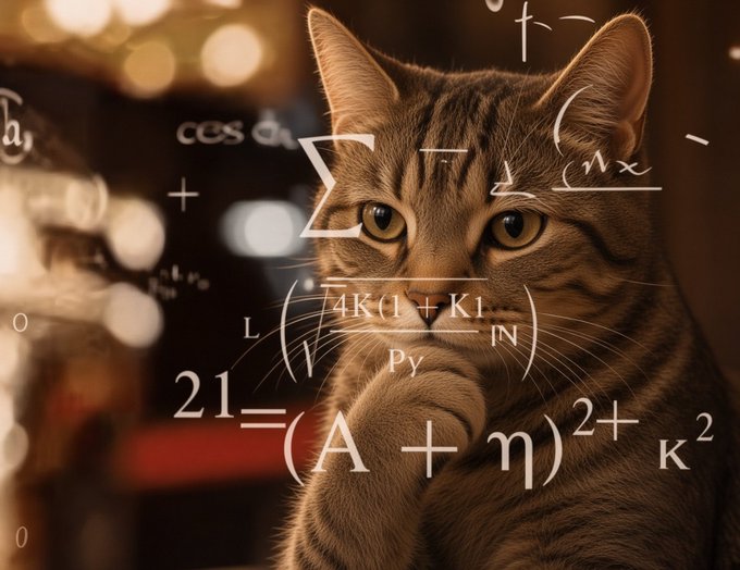 A tabby cat with its paw near its mouth, overlaid with various mathematical equations, formulas, and symbols floating around it.