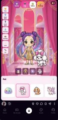 A heavily blurred screenshot of what appears to be a mobile dress-up or doll game featuring a character with purple hair in a pink-themed interface.