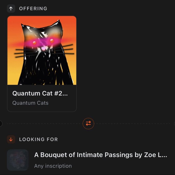A digital trading interface shows a "Quantum Cat #2..." NFT being offered in exchange for "A Bouquet of Intimate Passings by Zoe L..." (Any inscription).