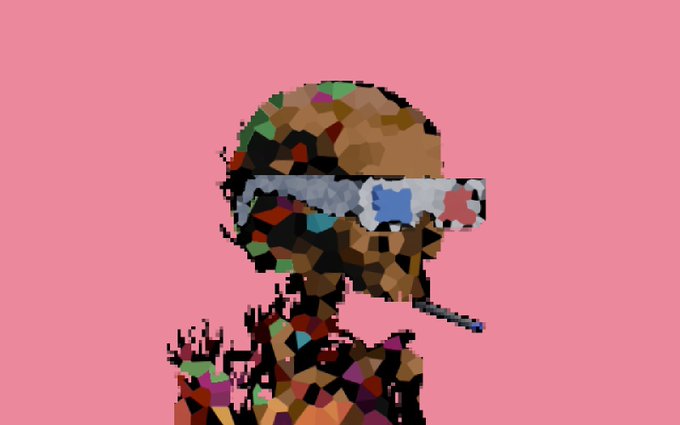 A pixelated, low-poly style digital portrait of a person wearing 3D glasses and smoking a cigarette, set against a pink background.