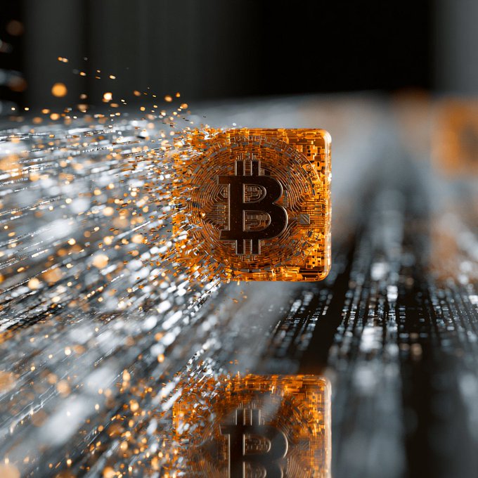 A glowing orange Bitcoin cube with the iconic "₿" symbol shatters into digital sparks above a reflective surface, with a mirrored "B" visible below. The "Tic toc" caption evokes the urgency of a ticking clock, suggesting Bitcoin's volatile, time-sensitive market movements.