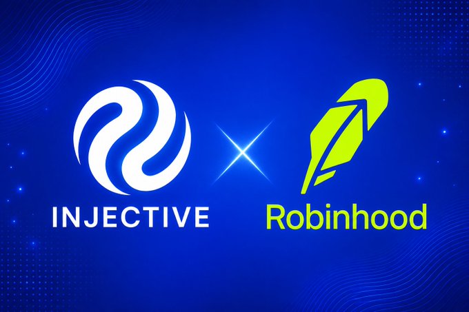 A blue graphic displays the logos for 'INJECTIVE' and 'Robinhood' separated by a glowing 'X', indicating a partnership or collaboration.