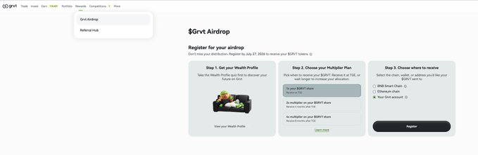 A Grvt Airdrop registration page on the Grvt exchange website, outlining 3 steps: setting a Wealth Profile health goal, choosing a multiplier plan, and selecting a chain (BNB, Ethereum, or Gnosis) to receive $GRVT.