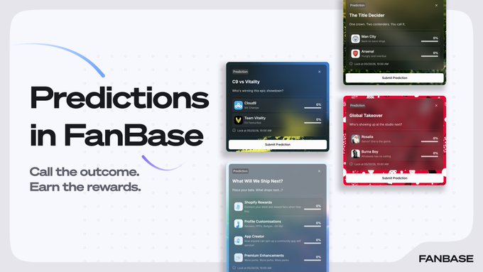 The image features a poster for FanBase, which displays four different predictions about the future of social media platforms. The poster includes various descriptions of these predictions along with their corresponding dates. The text "Predictions are live on FanBase" suggests that the predictions are real-time and can be accessed through the app. The post also mentions that fans call it to ask questions, which indicates that the predictions are open for discussion and interaction among users.