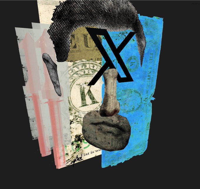 A mixed-media collage features a deconstructed, halftone-rendered face with prominent lips and a large "X" over the eye, set against torn paper, currency imagery, and the partial text "Fiat is w[ork]" and "THE UNITED S[TATES]." The fragmented portrait and anti-fiat messaging reinforce the post's techno-cryptocurrency theme, with the "X" symbolizing the algorithmic digital identity the post promotes on its site, KnowYourOverlord.art.